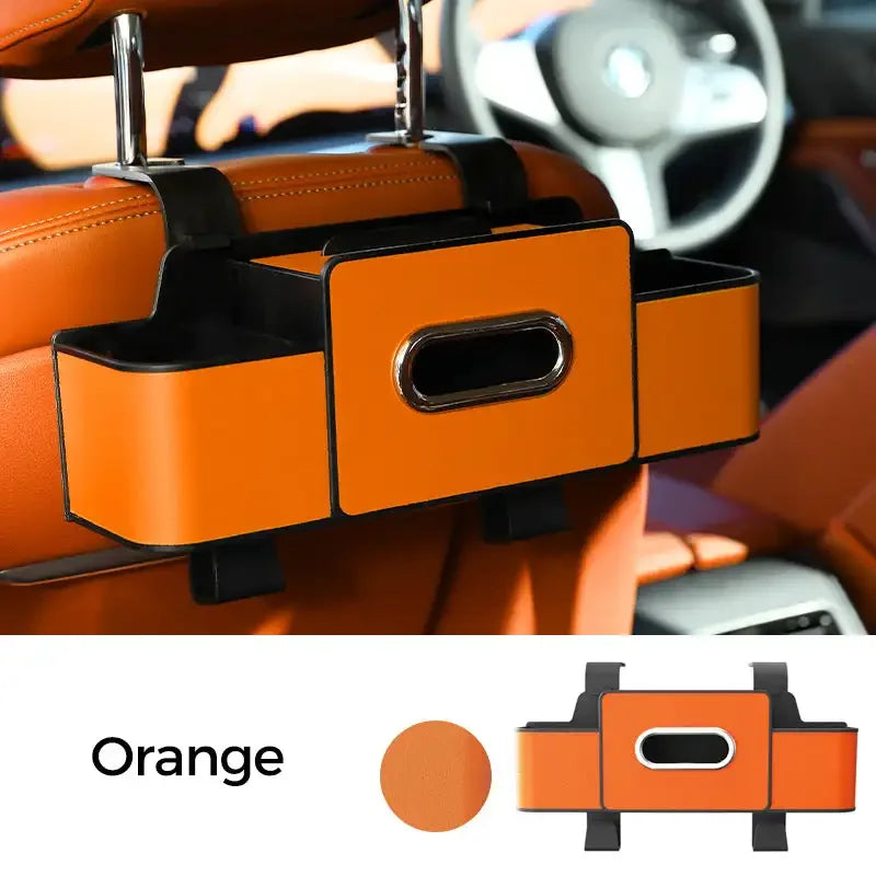 Orange car organizer with black accents inside a vehicle, showing steering wheel in background.