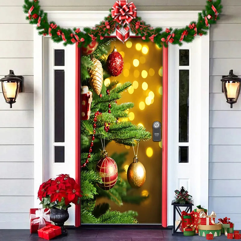 Decorative door with Christmas tree, ornaments, and lights on a house exterior.
