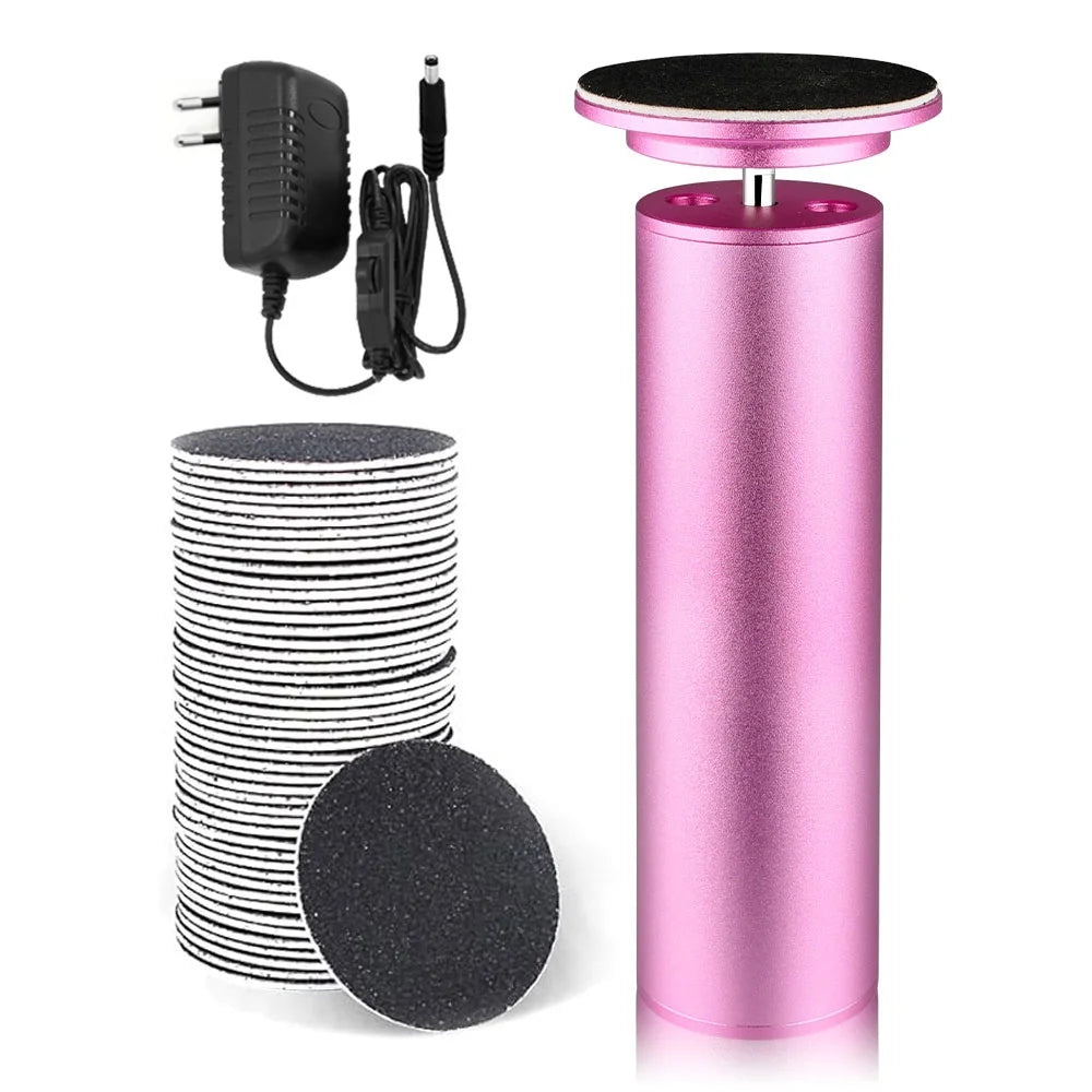 Pink stand with black round platforms and power adapter on a white background