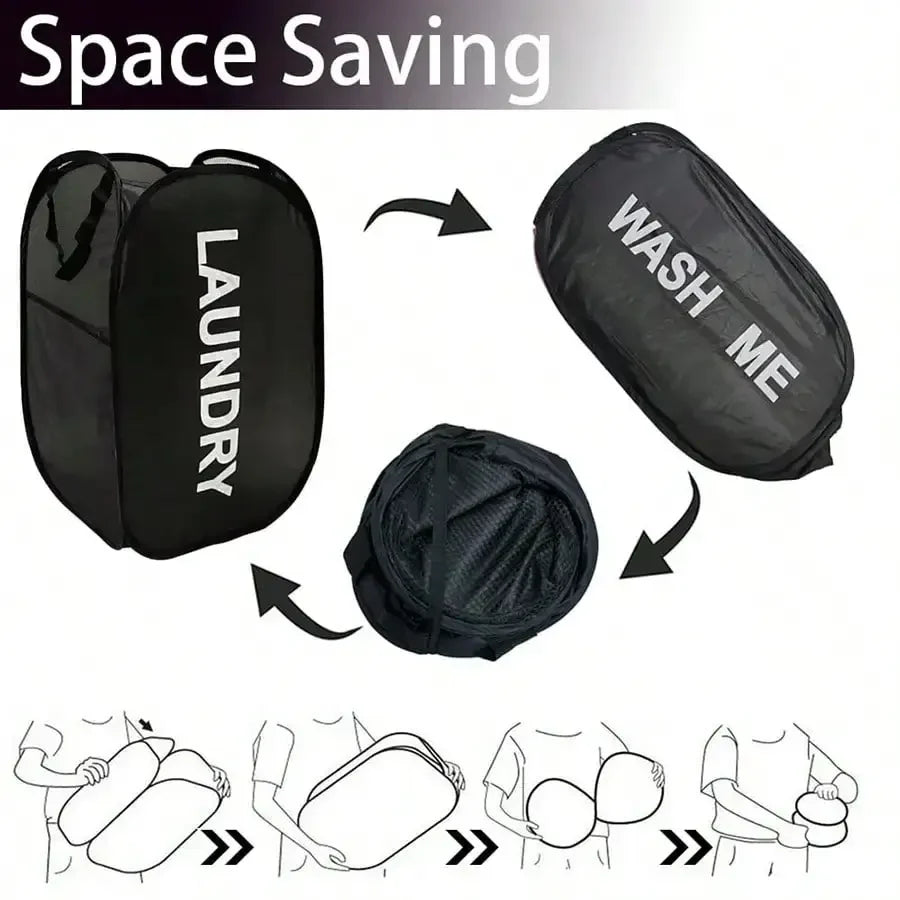 Black laundry bag with 'Laundry' and 'Wash Me' text, showing space-saving features.