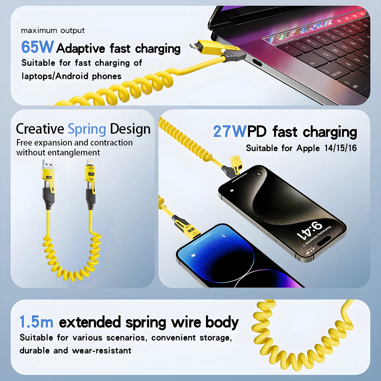 Yellow coiled charging cable with text detailing features on a light blue background