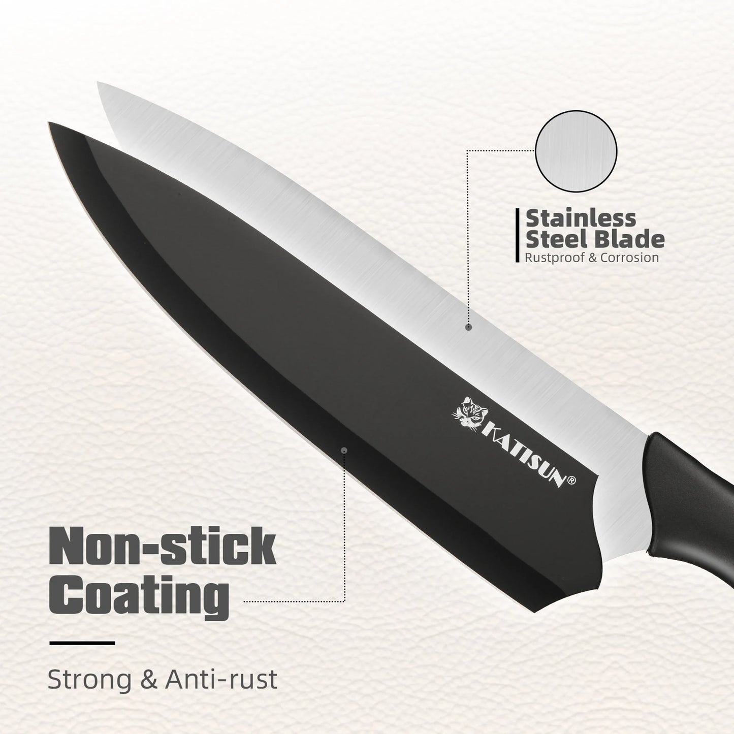 Knife with black blade and black handle on a white background, featuring Matisun branding.