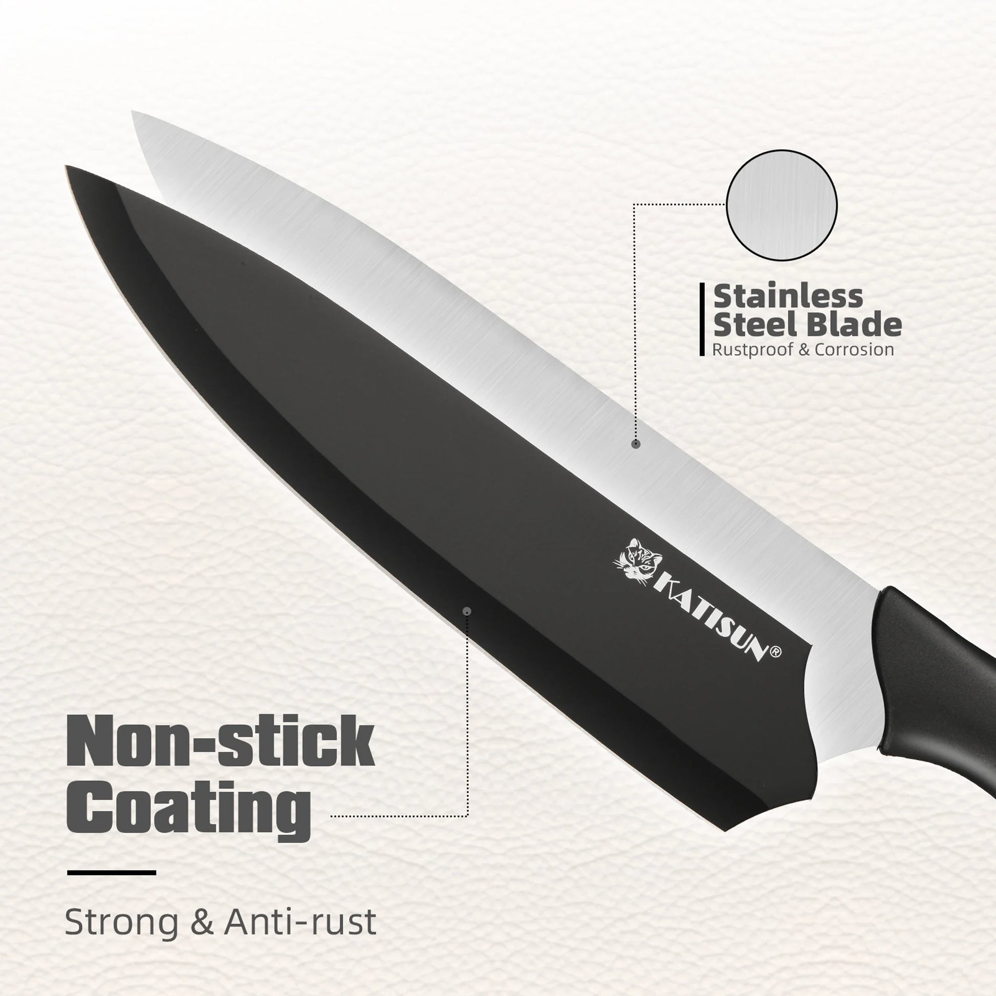 Knife with black blade and black handle on a white background, featuring Matisun branding.