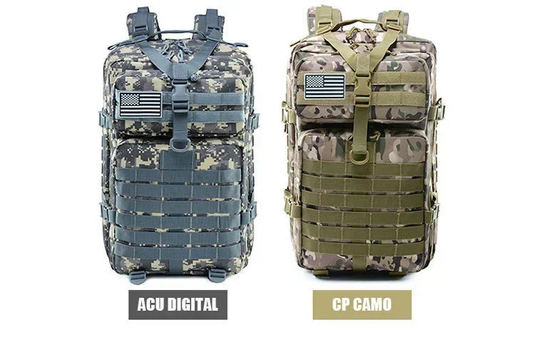 Two military-style backpacks, one ACU Digital and one GP Camo, on a white background.