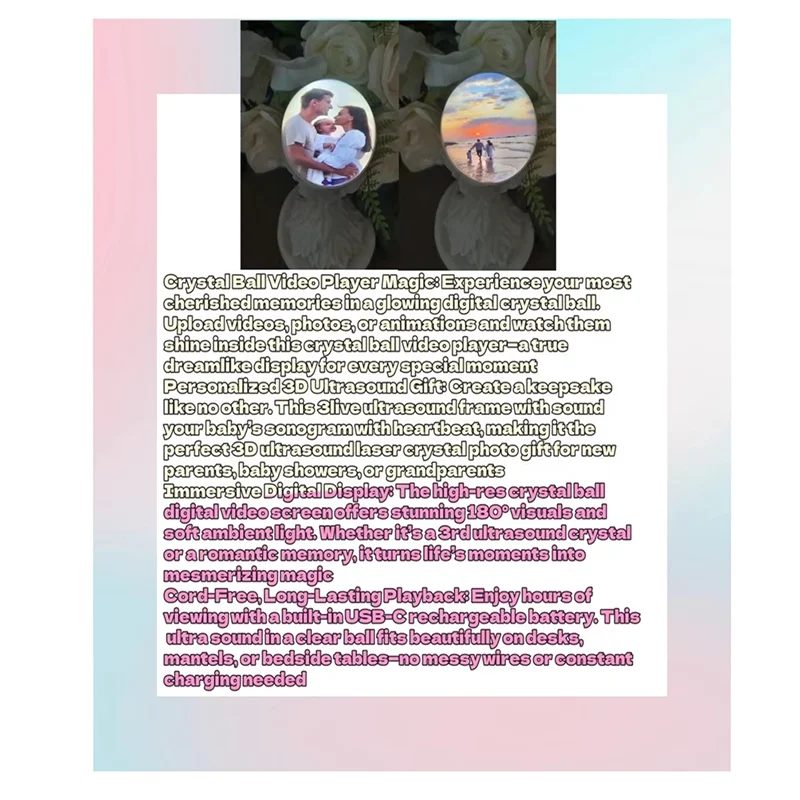 Advertisement for a crystal ball video player with images of a couple and a sunset.