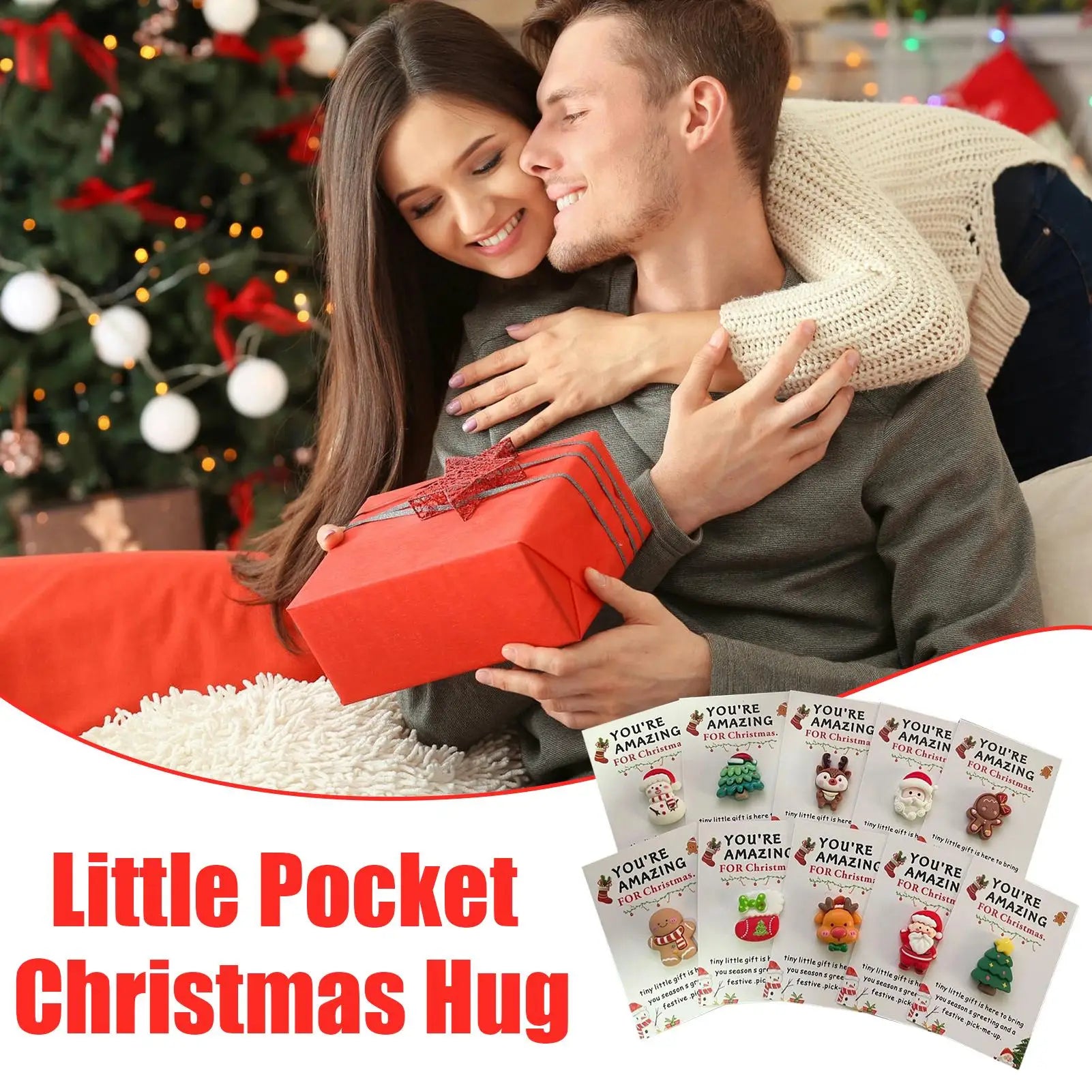 Couple opening a red gift box with Christmas tree and cards in the background