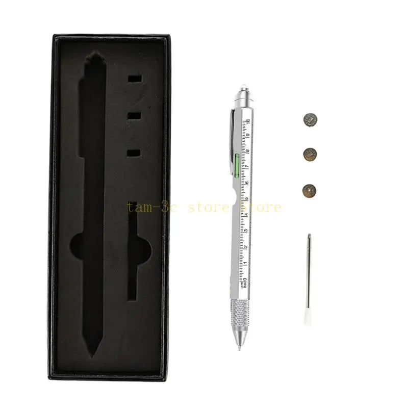 Pen with interchangeable components and black packaging on a white background