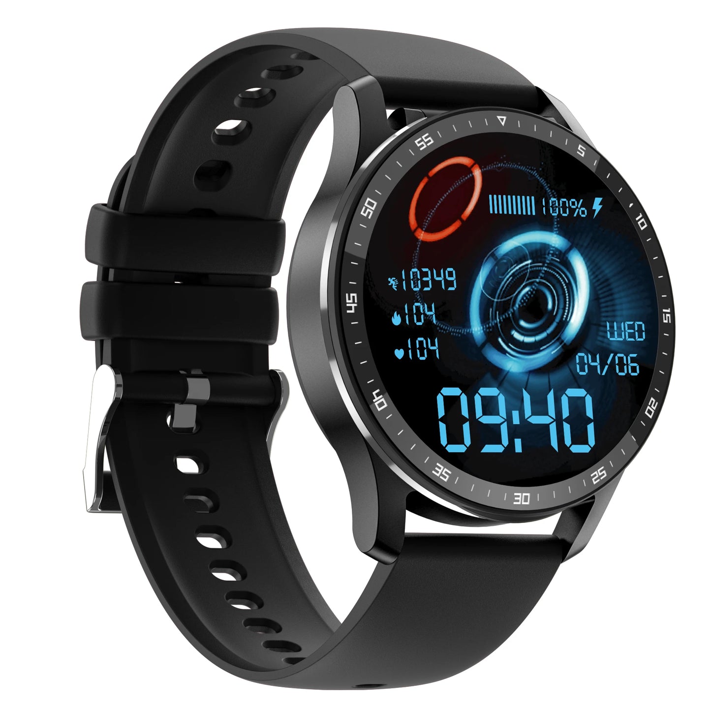 Black smartwatch with digital display on a white background