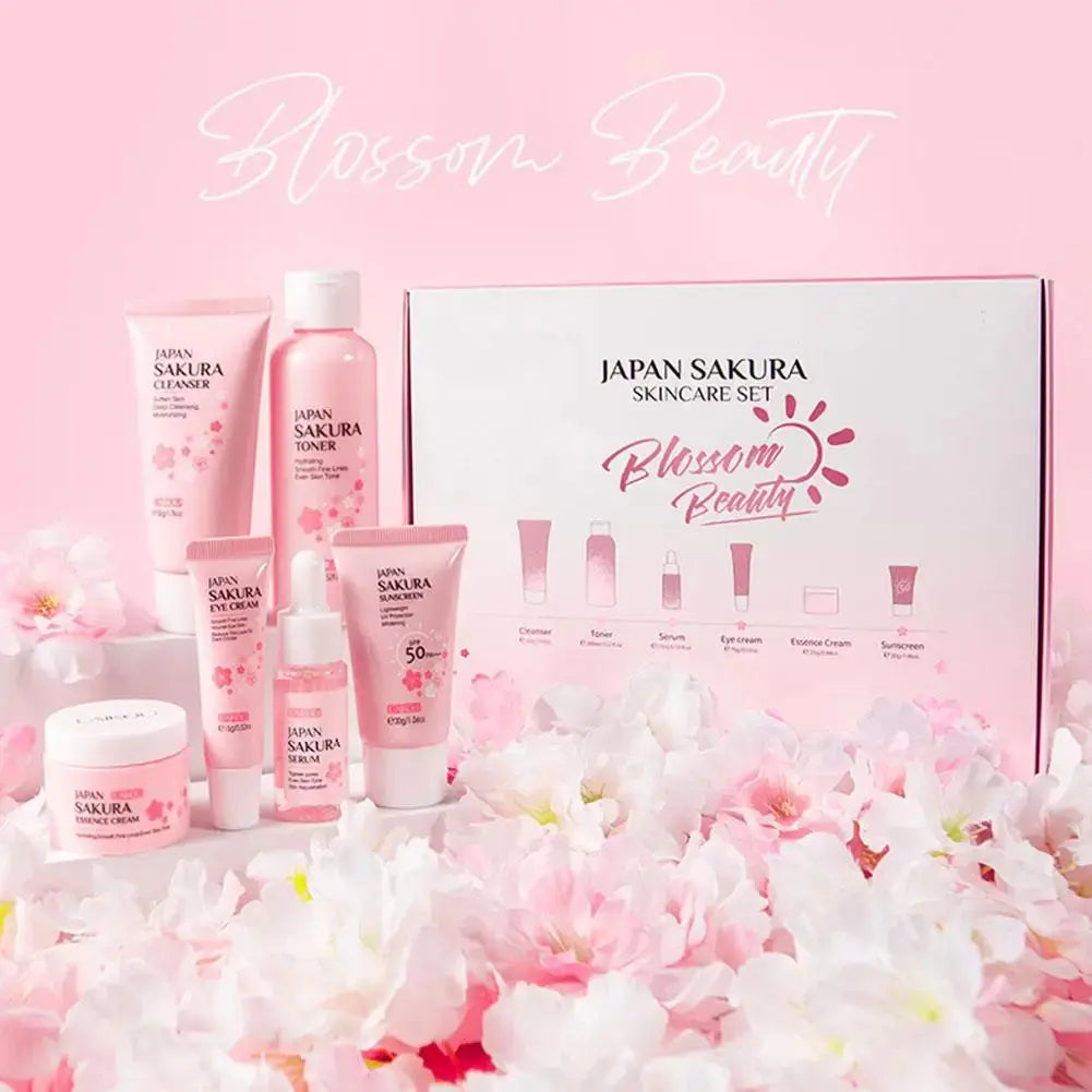 Japan Sakura skincare set with products and packaging on a pink floral background