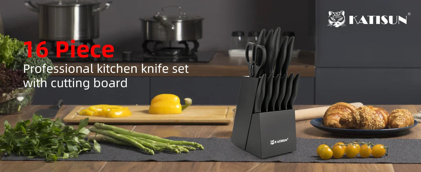 Katisun 16-piece professional kitchen knife set with cutting board on a kitchen counter.