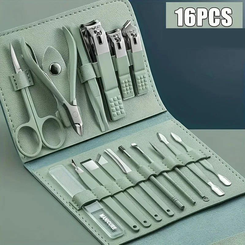 Manicure set with 16 pieces in a green case on a gray background