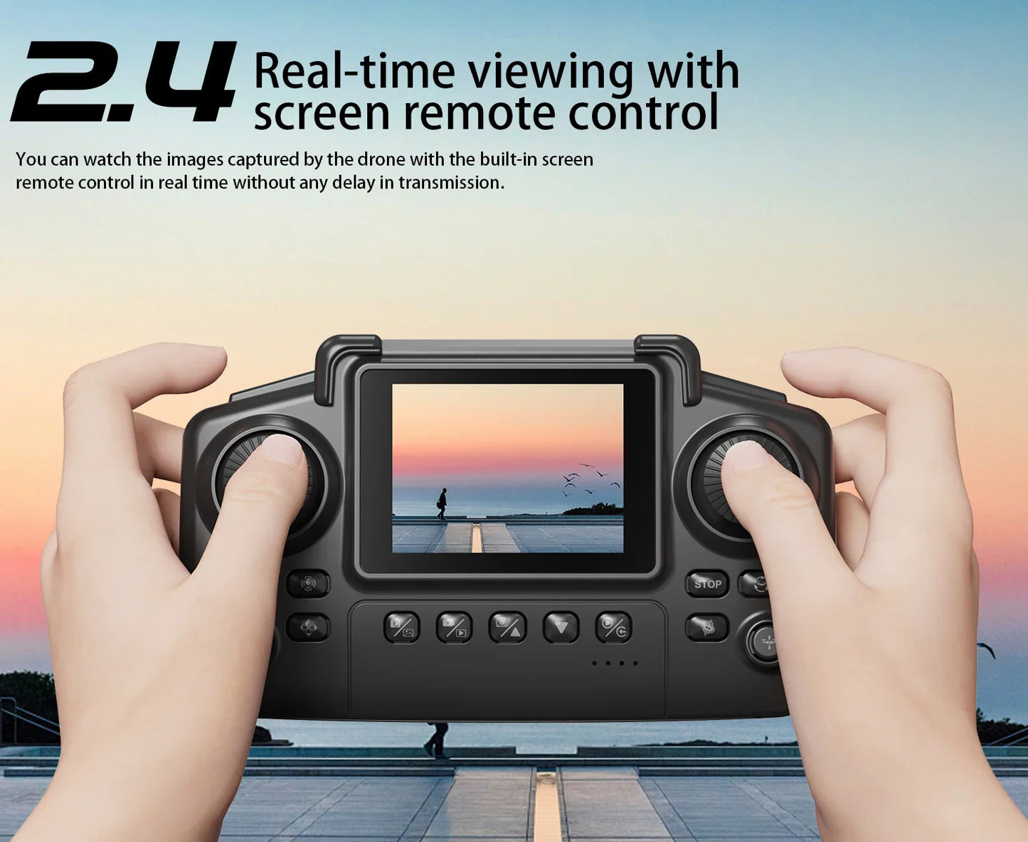 Hands holding a drone remote control with screen displaying a scenic view, against a blurred outdoor background.