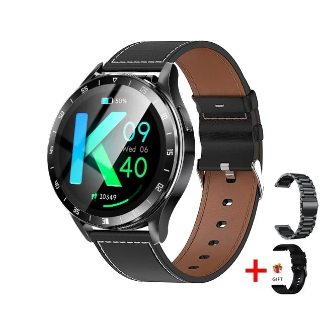 Smartwatch with brown leather strap and additional metal strap on a white background