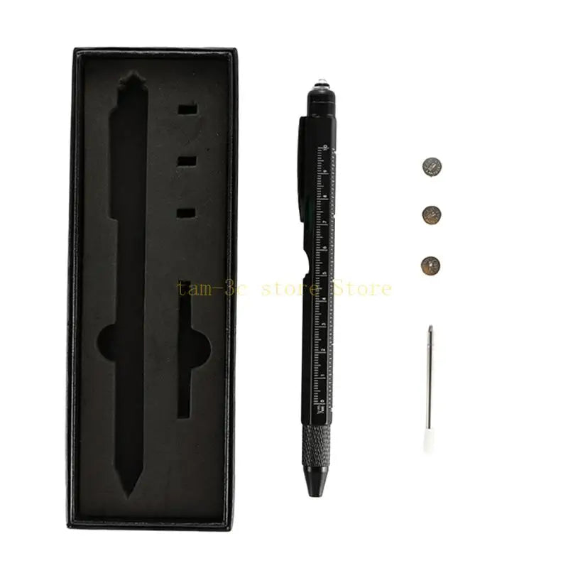 Black tactical pen with components and packaging on a white background