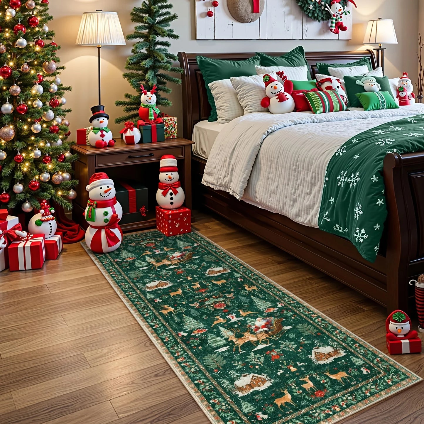 Decorated bedroom with Christmas theme, including a tree, stockings, and festive decorations.