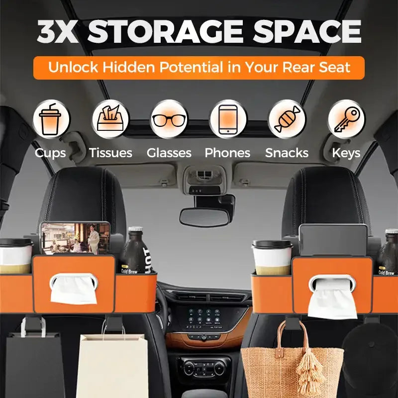 Car storage solution with orange compartments for cups, tissues, glasses, phones, snacks, and keys.