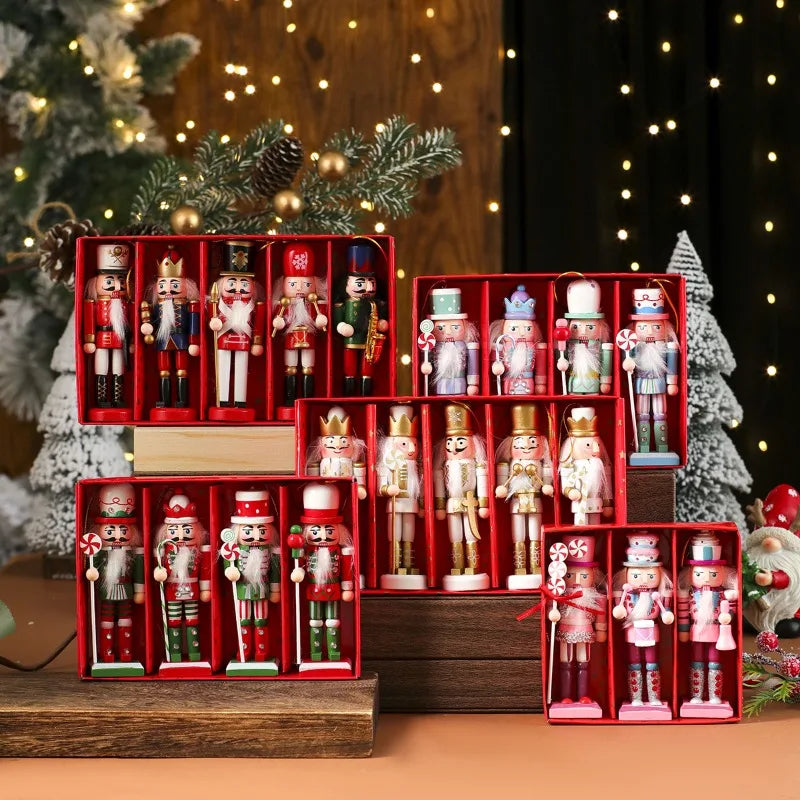 Set of nutcrackers in red display boxes with Christmas decorations in the background