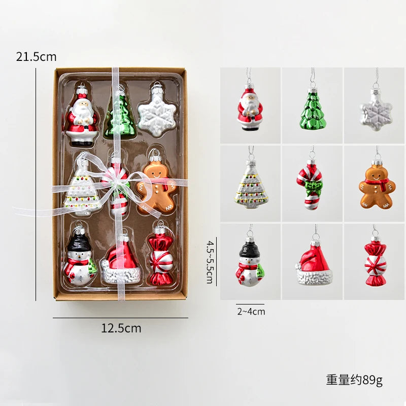 Set of Christmas-themed glass ornaments in a box with measurements and weight information.