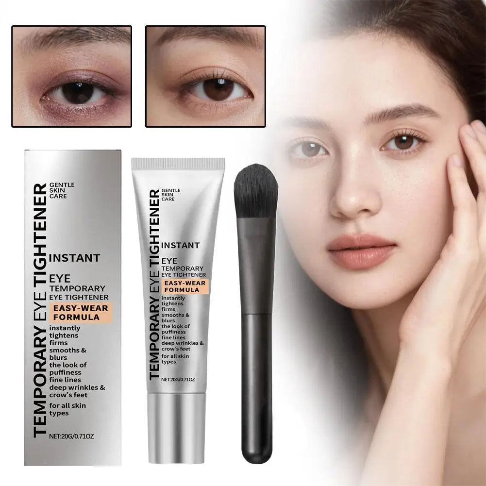 Eye tightening product with packaging, brush, and before-and-after effects on eyes.