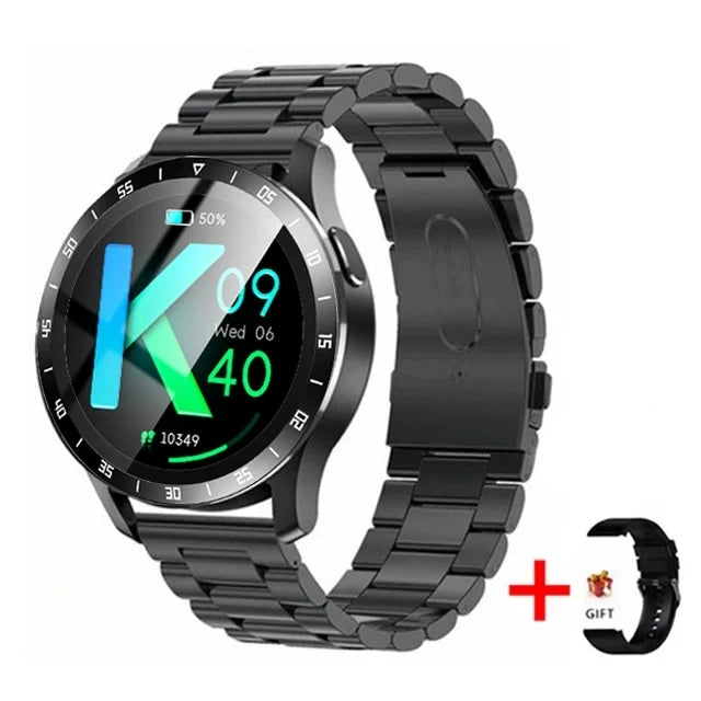 Black smartwatch with metal band on a white background