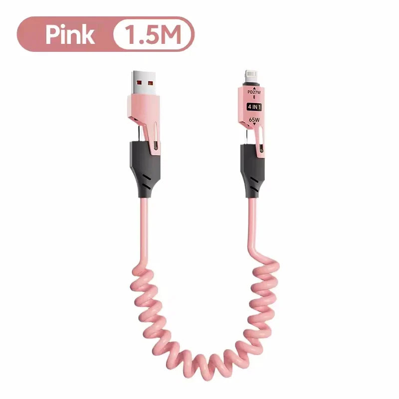 Pink coiled cable with connectors on a white background