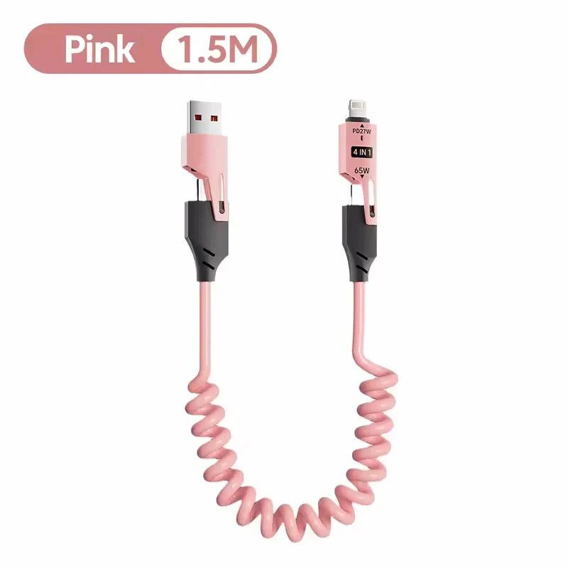 Pink coiled USB cable with connectors on a white background