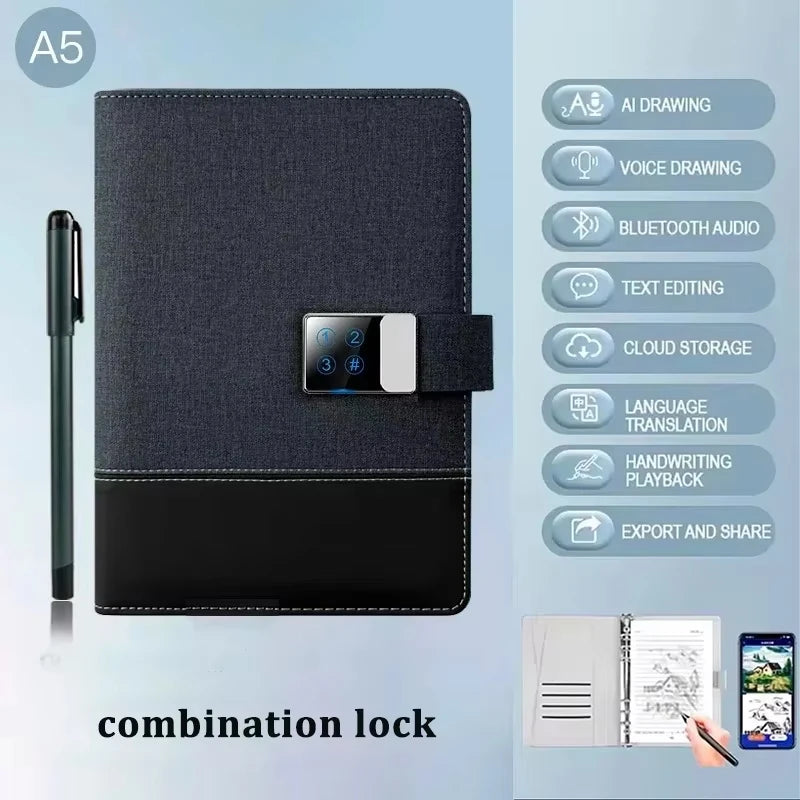 Black and gray notebook with digital lock feature on a light blue background