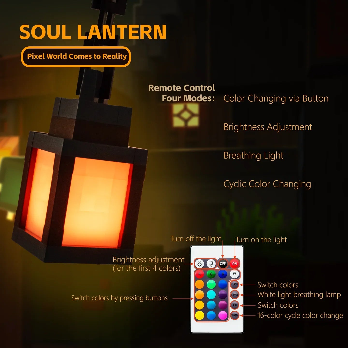 Soul Lantern with remote control and feature text on a dark background