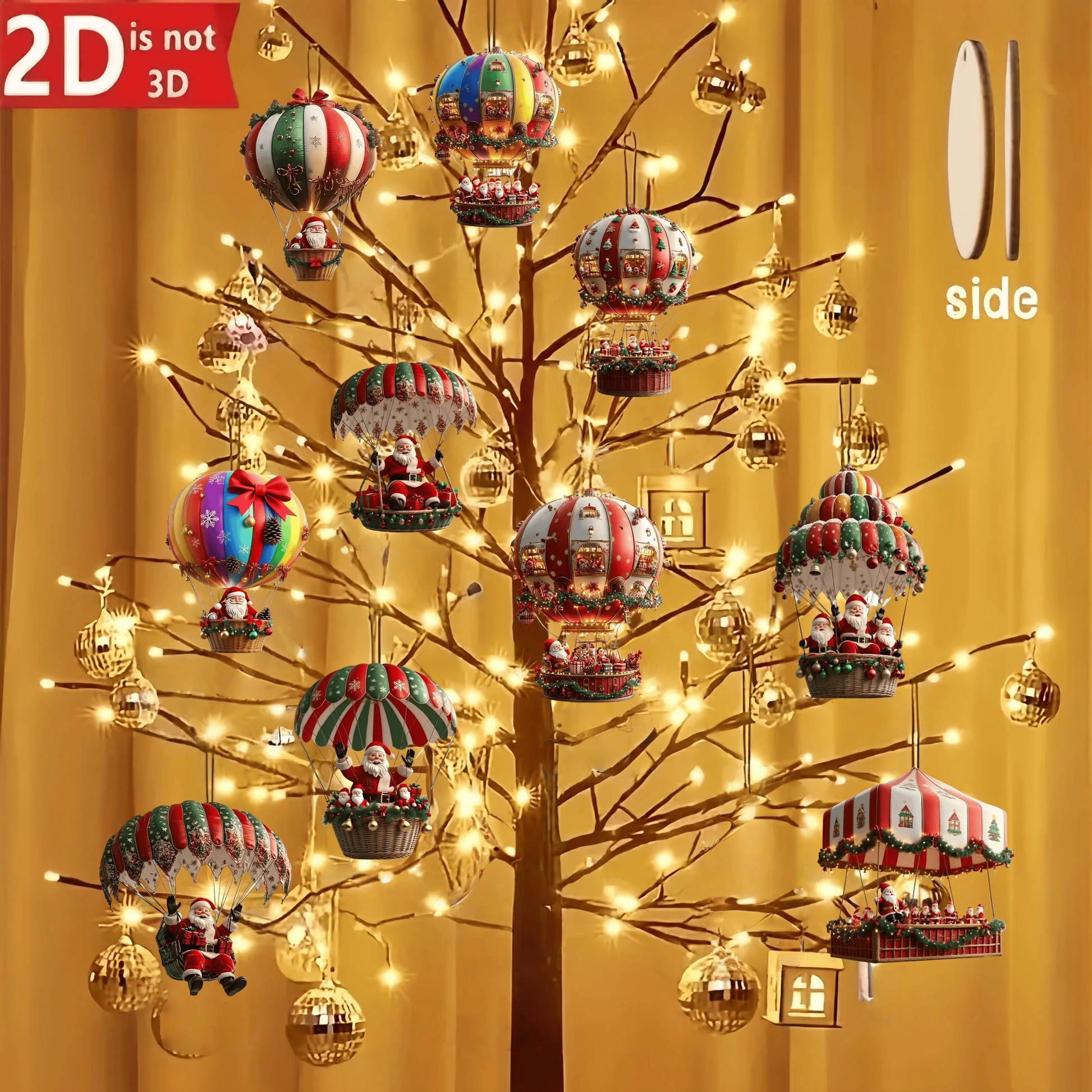 Decorative tree with colorful hot air balloon ornaments and fairy lights on a yellow background.