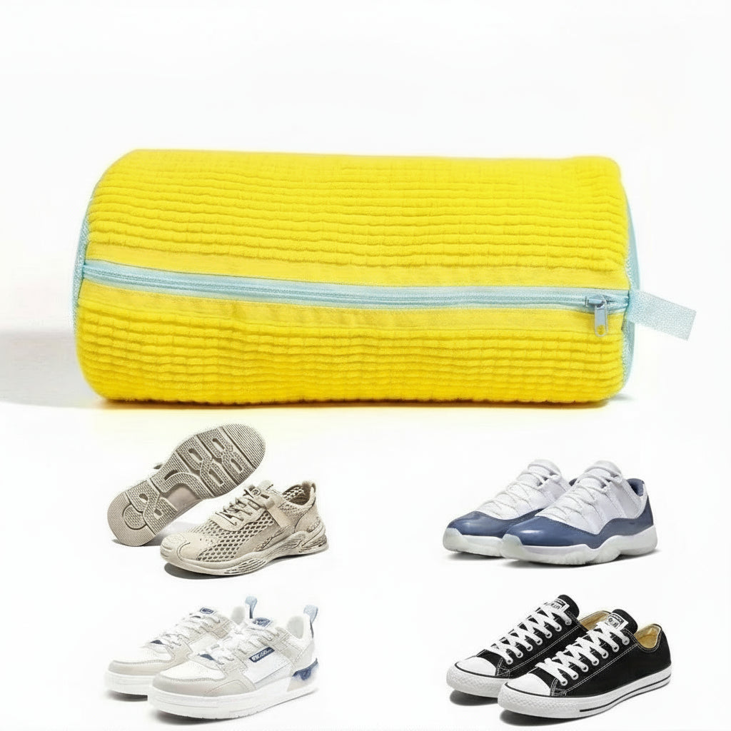 Yellow shoe storage bag with measurements and examples of shoes it can fit.