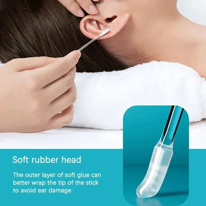 Person using an ear cleaning tool with a soft rubber head, showing close-up of tool and text description.