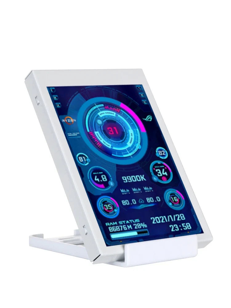 Digital display with a futuristic interface on a white background