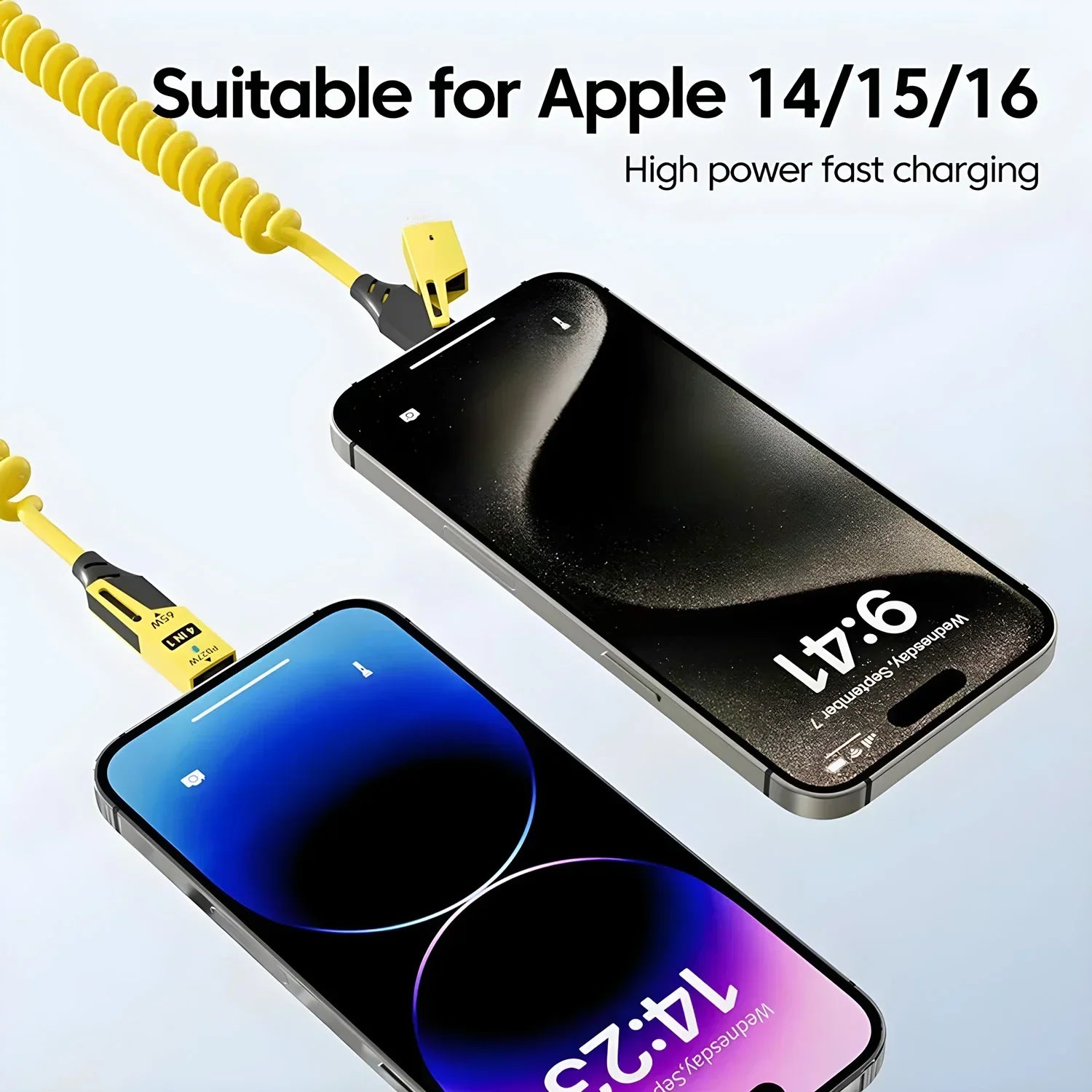 Smartphone with coiled charging cable on a light blue background, suitable for Apple devices.