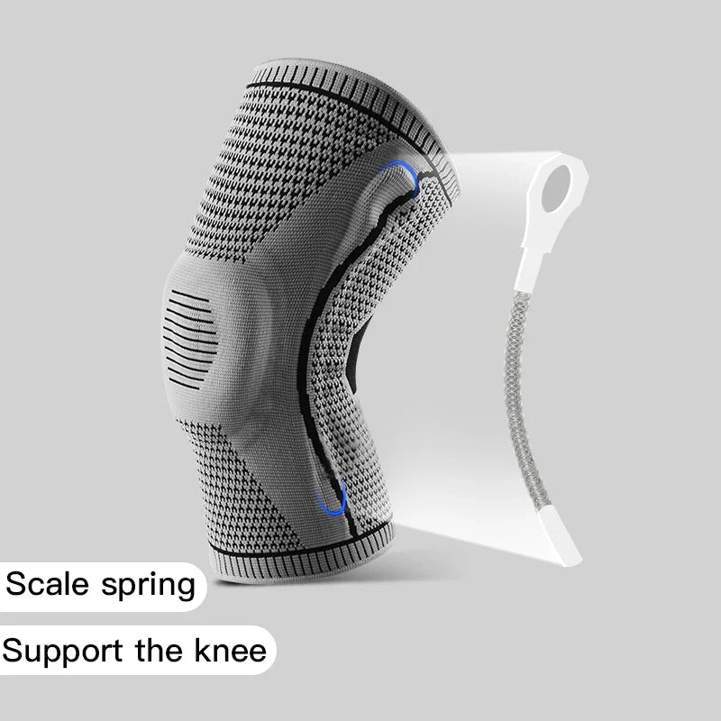 Gray knee brace with text 'Scale spring Support the knee' on a light gray background