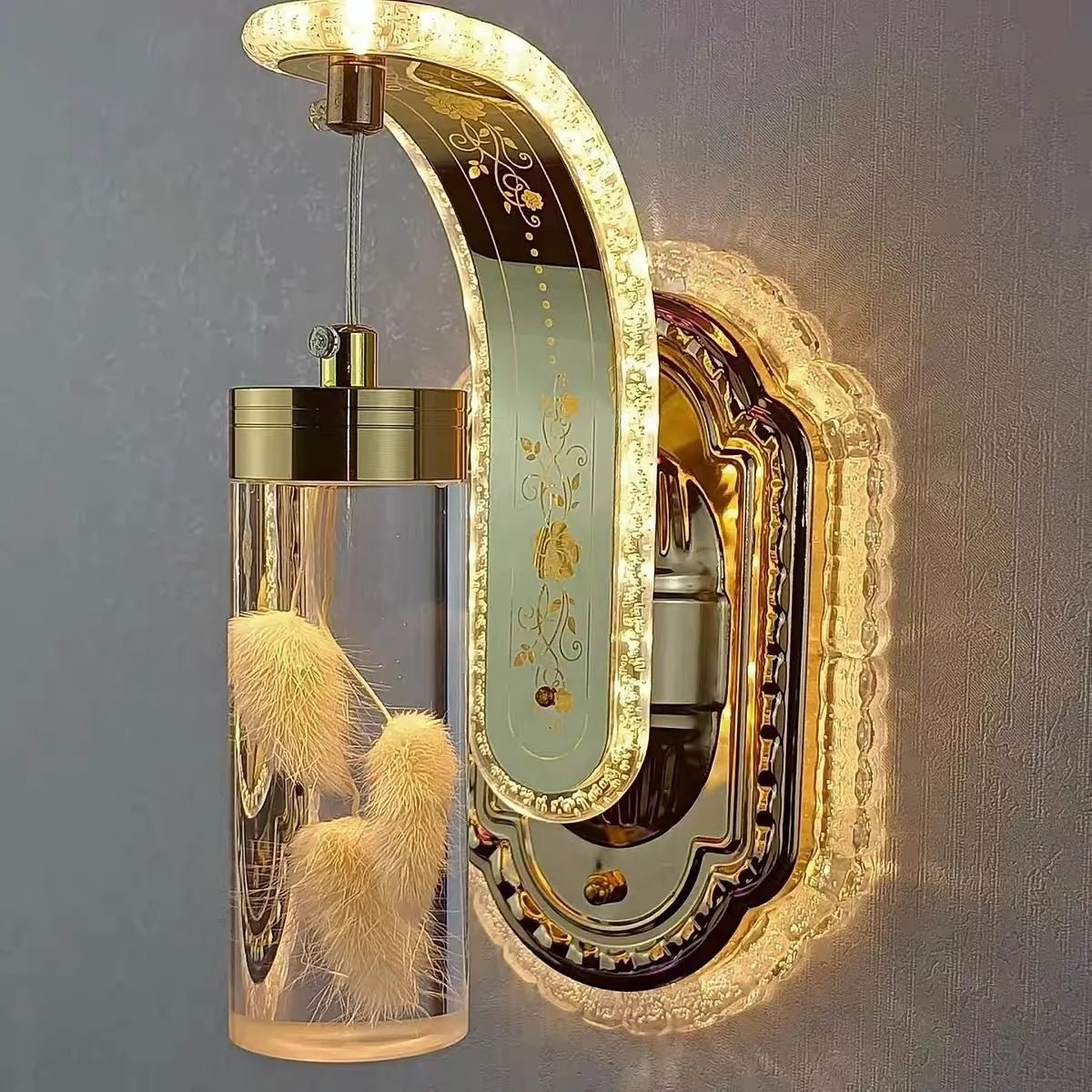 Decorative wall light fixture with intricate design on a gray background