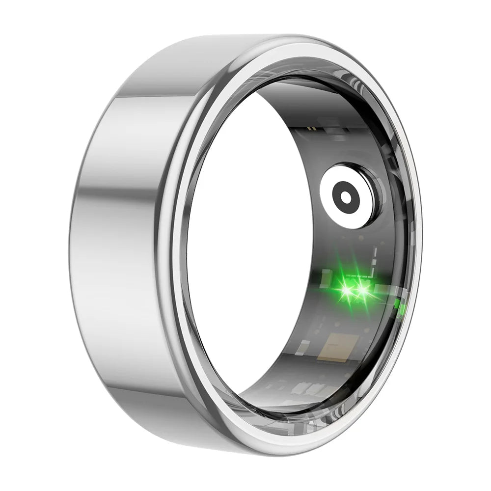 Silver smart ring with electronic components on a white background