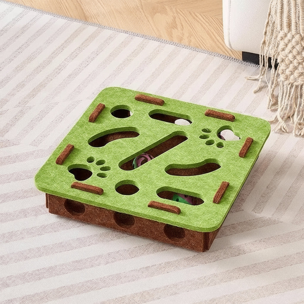 Green and brown pet puzzle toy on a striped carpet