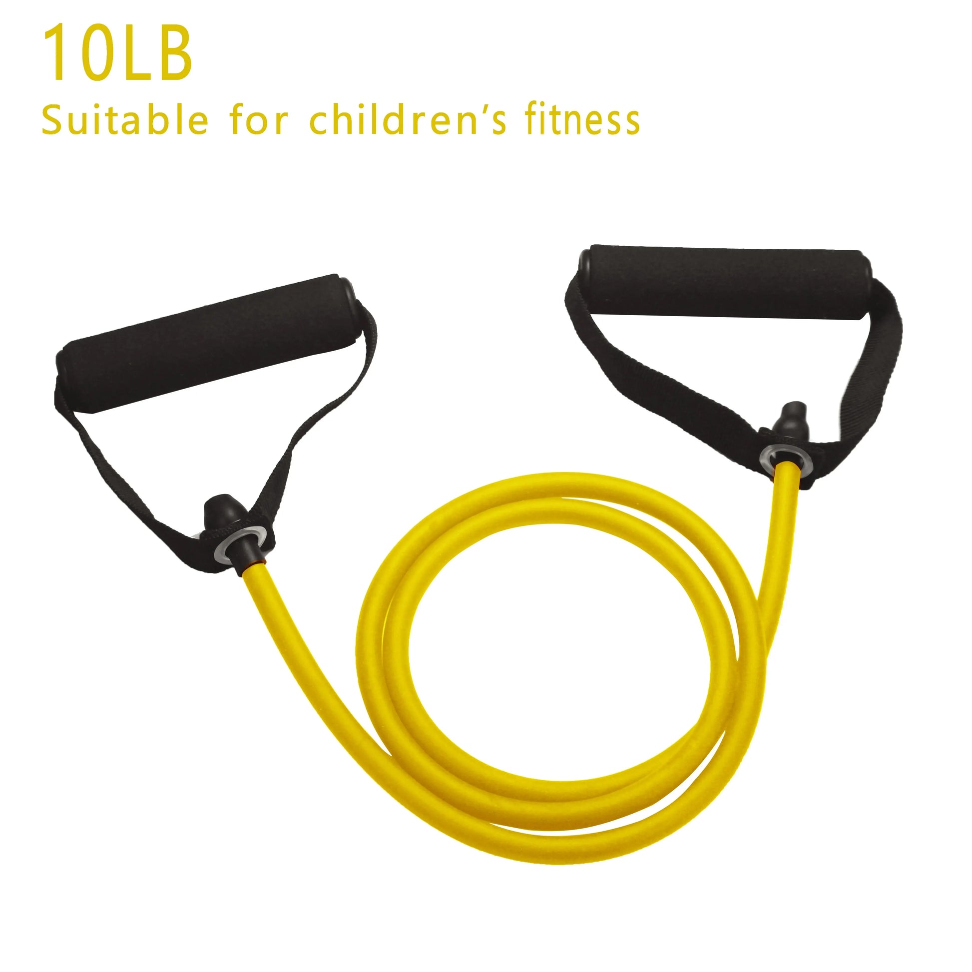 Yellow resistance band with black handles on a white background, suitable for children's fitness.