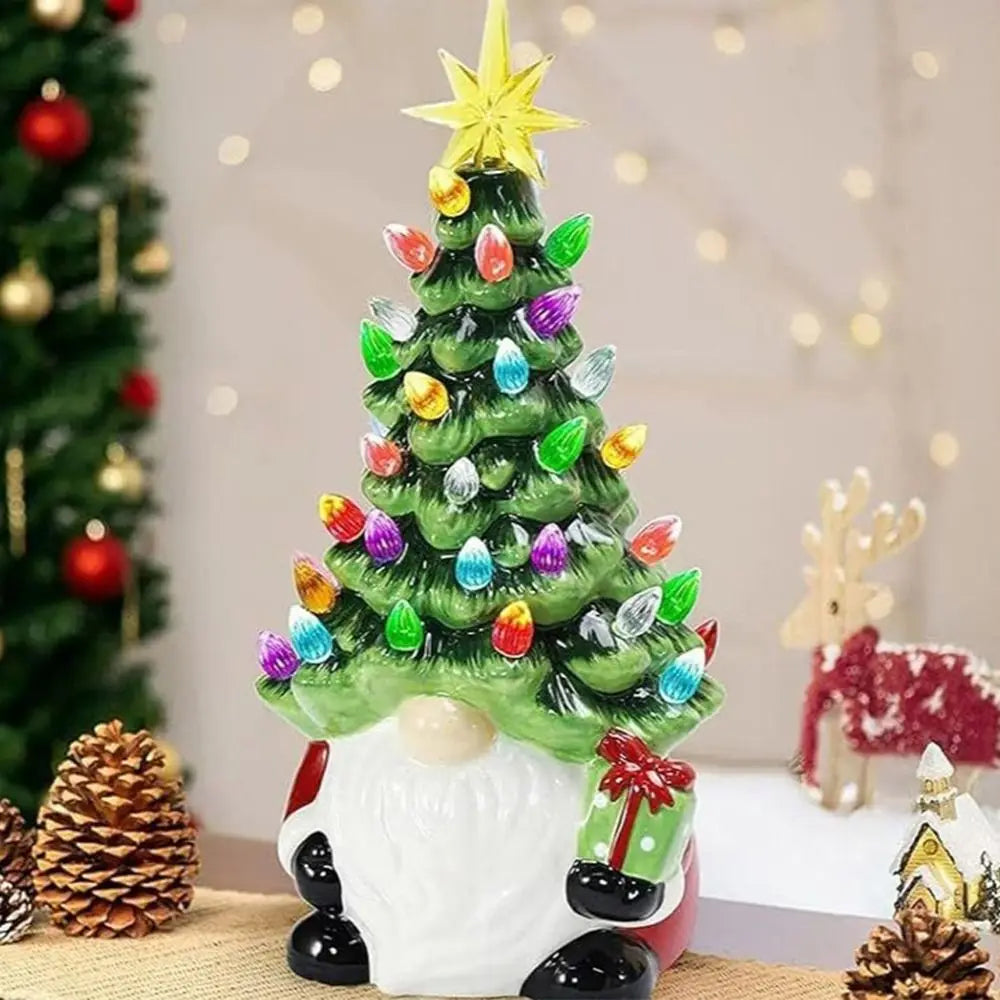 Decorative Christmas gnome with a small Christmas tree on its head, surrounded by festive decorations.