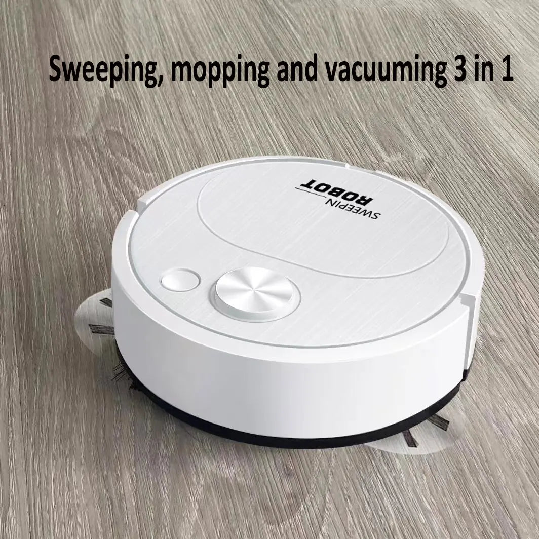 Robotic vacuum cleaner on a wooden floor with text 'Sweeping, mopping and vacuuming 3 in 1'.