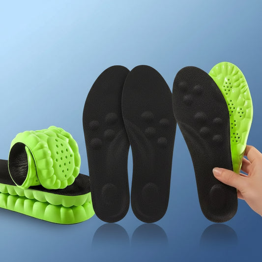 Green and black shoe inserts with a deodorization campaign label on a blue background