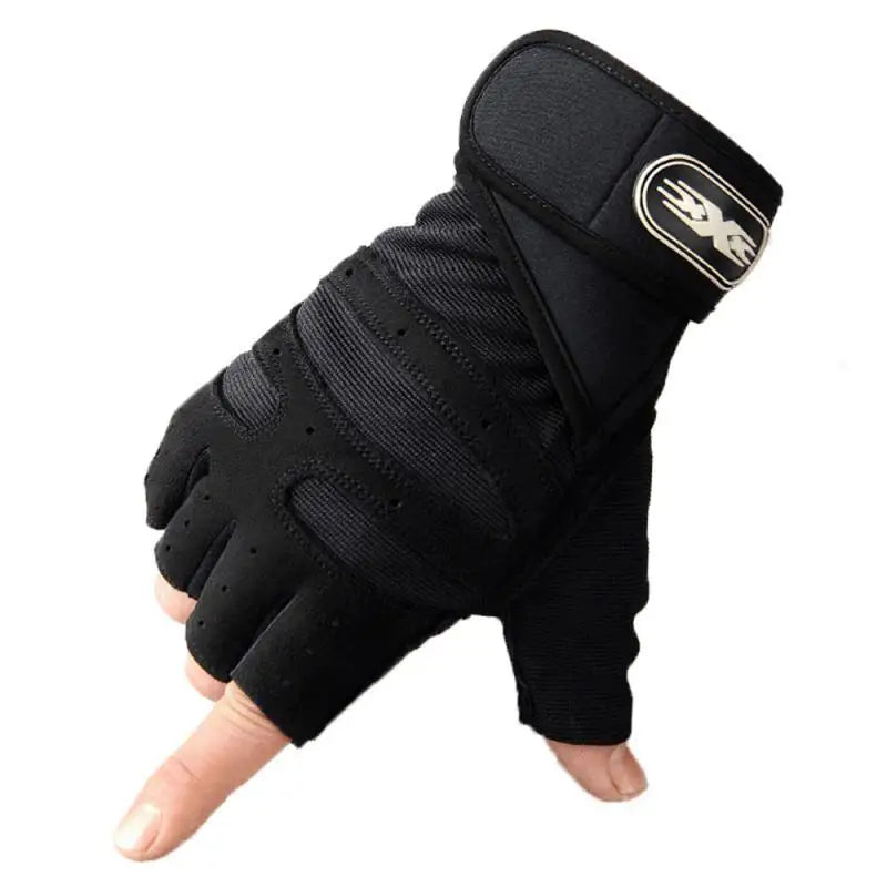 Black fingerless glove with a brand logo on a white background