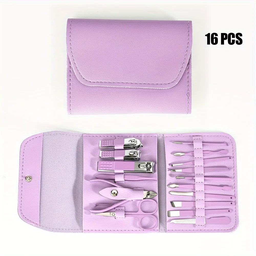 Purple manicure set with tools inside a matching case on a white background