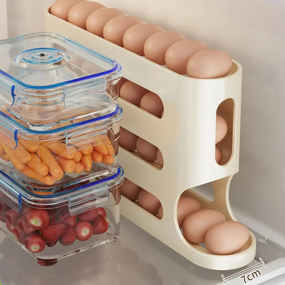 Egg holder with eggs and stacked containers on a kitchen counter
