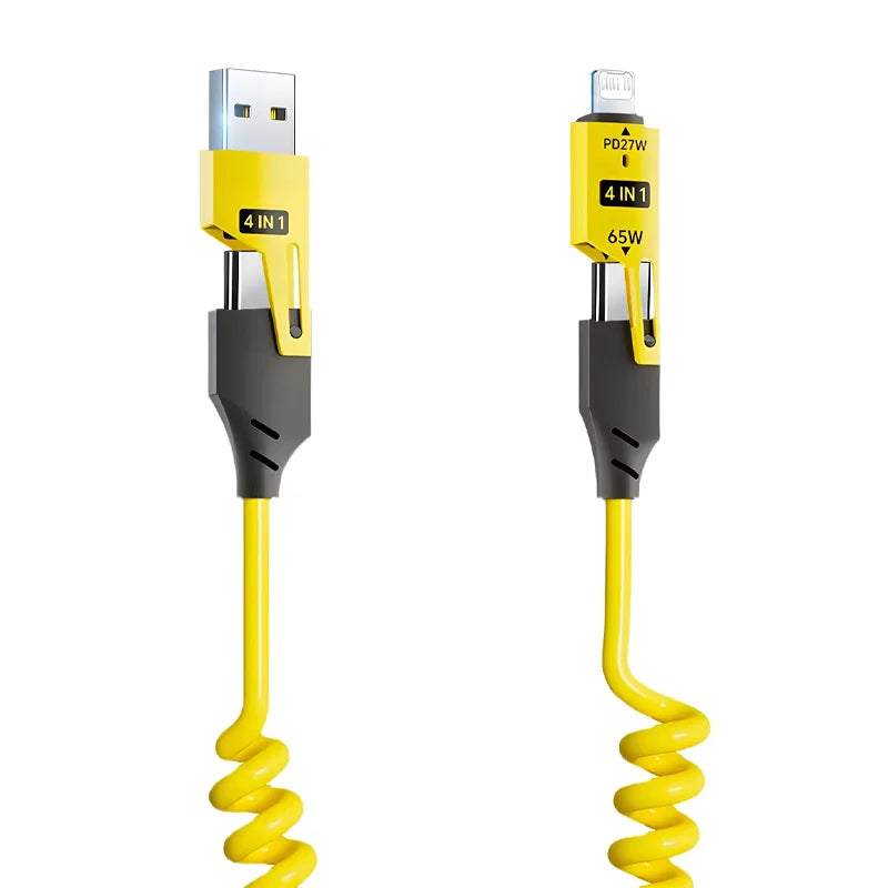 Yellow and black 4-in-1 charging cable on a white background
