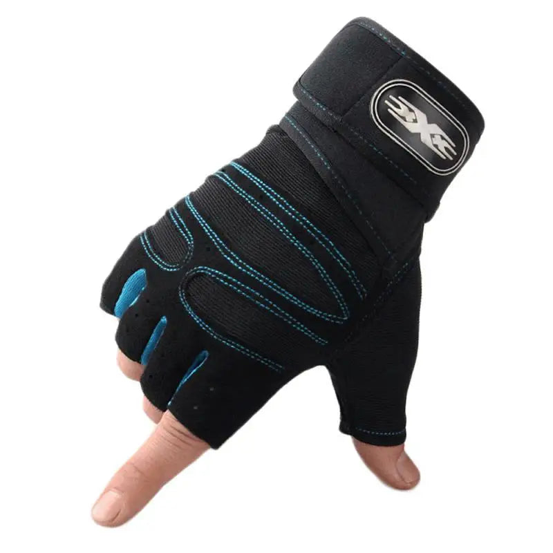 Black half-finger glove with blue accents on a white background