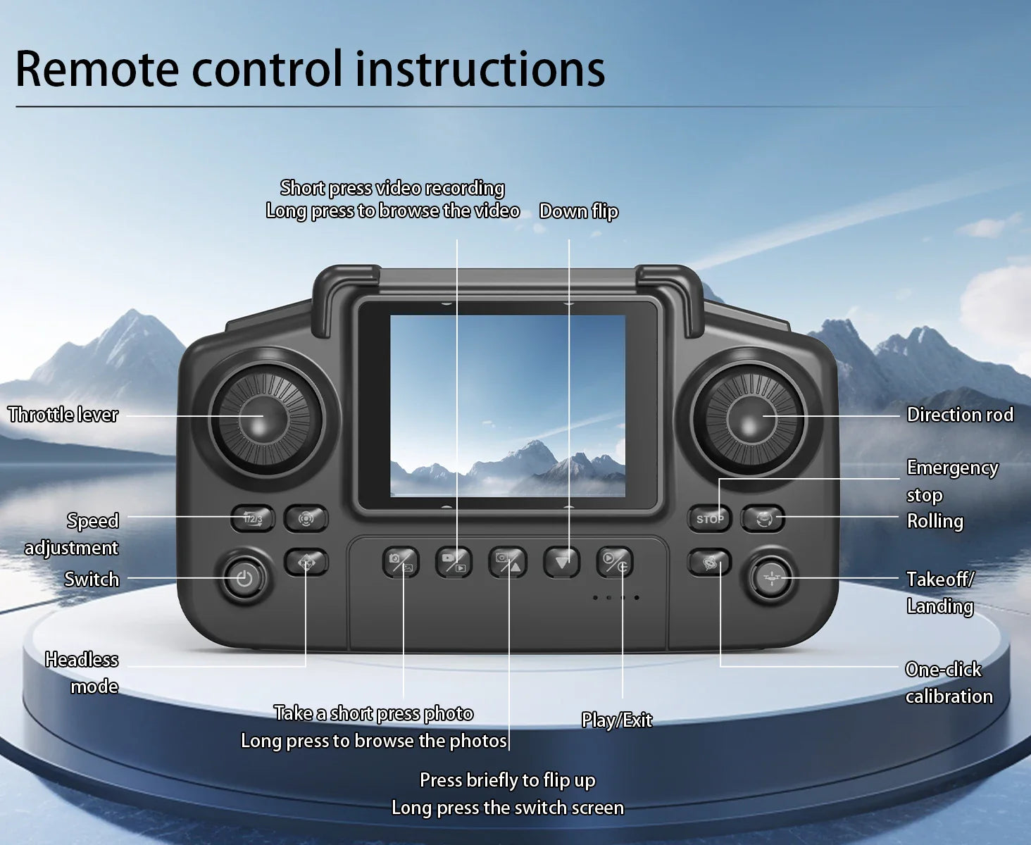 Remote control with labeled buttons and functions against a mountainous landscape background