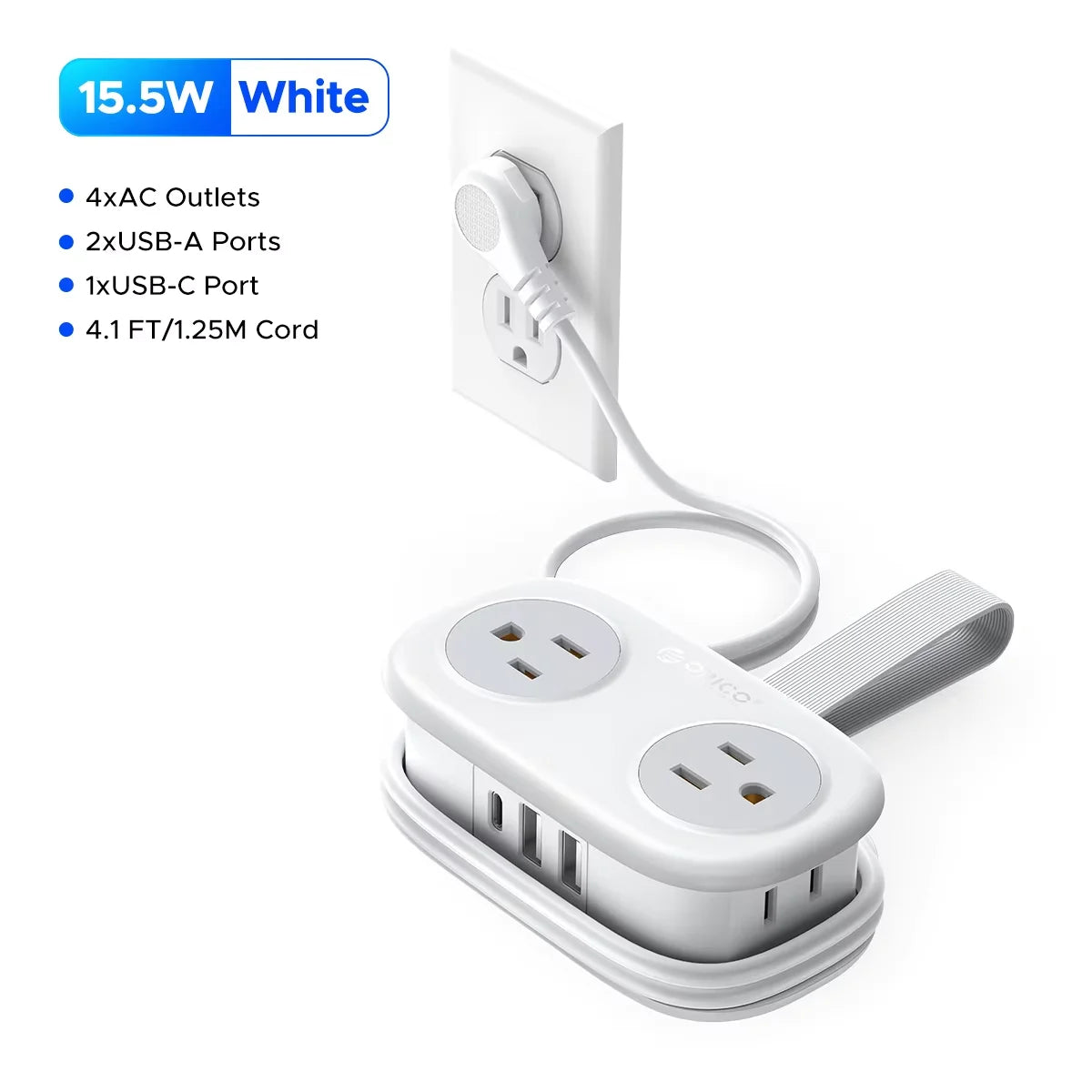 White power strip with multiple outlets and ports on a white background