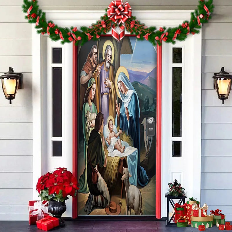 Decorative door with nativity scene painting, Christmas decorations, and potted plants on a house exterior.