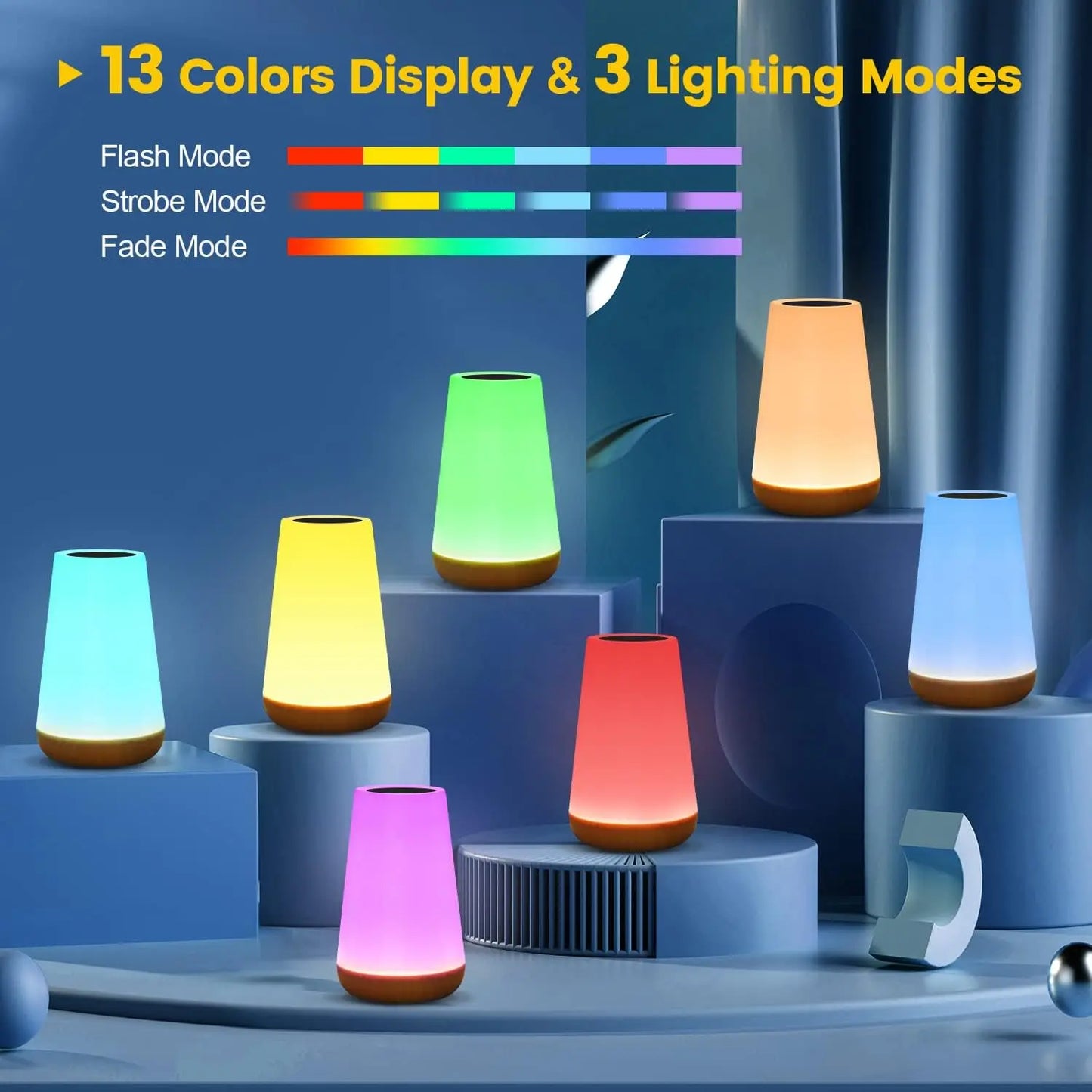 Colorful LED lamps on a blue geometric background with lighting modes displayed.